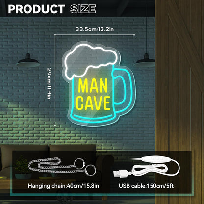 Man Cave Neon Sign, Beer Neon Signs for Wall Decor, Dimmable Acrylic Neon Lights for Man Cave Gamer Room Bedroom Bar Pub Party Decorations