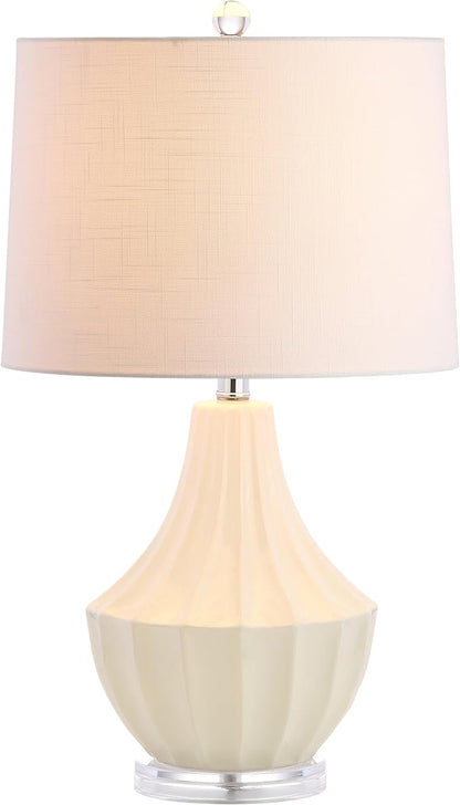 JONATHAN Y 24.5" Cream Ceramic Table Lamp for Bedroom, Modern Bedside Desk Lamp, White Linen Drum Shade, Fluted Gourd for Living Room, LED Bulb Included (JYL8018C)