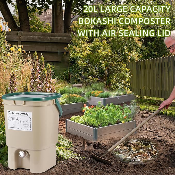 20L Bokashi Bucket with Air Sealing Lid, 5.28 Gallon Compost Bin, Kitchen Composter with Bran, Kitchen Compost Pail, ecocultivatify Bokashi Kit Set with Starter (Tan & Dark Green)