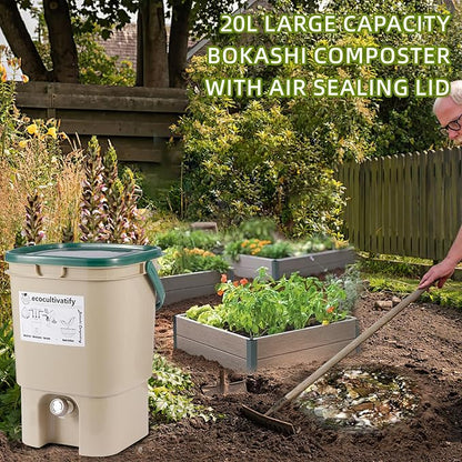 20L Bokashi Bucket with Air Sealing Lid, 5.28 Gallon Compost Bin, Kitchen Composter with Bran, Kitchen Compost Pail, ecocultivatify Bokashi Kit Set with Starter (Tan & Dark Green)