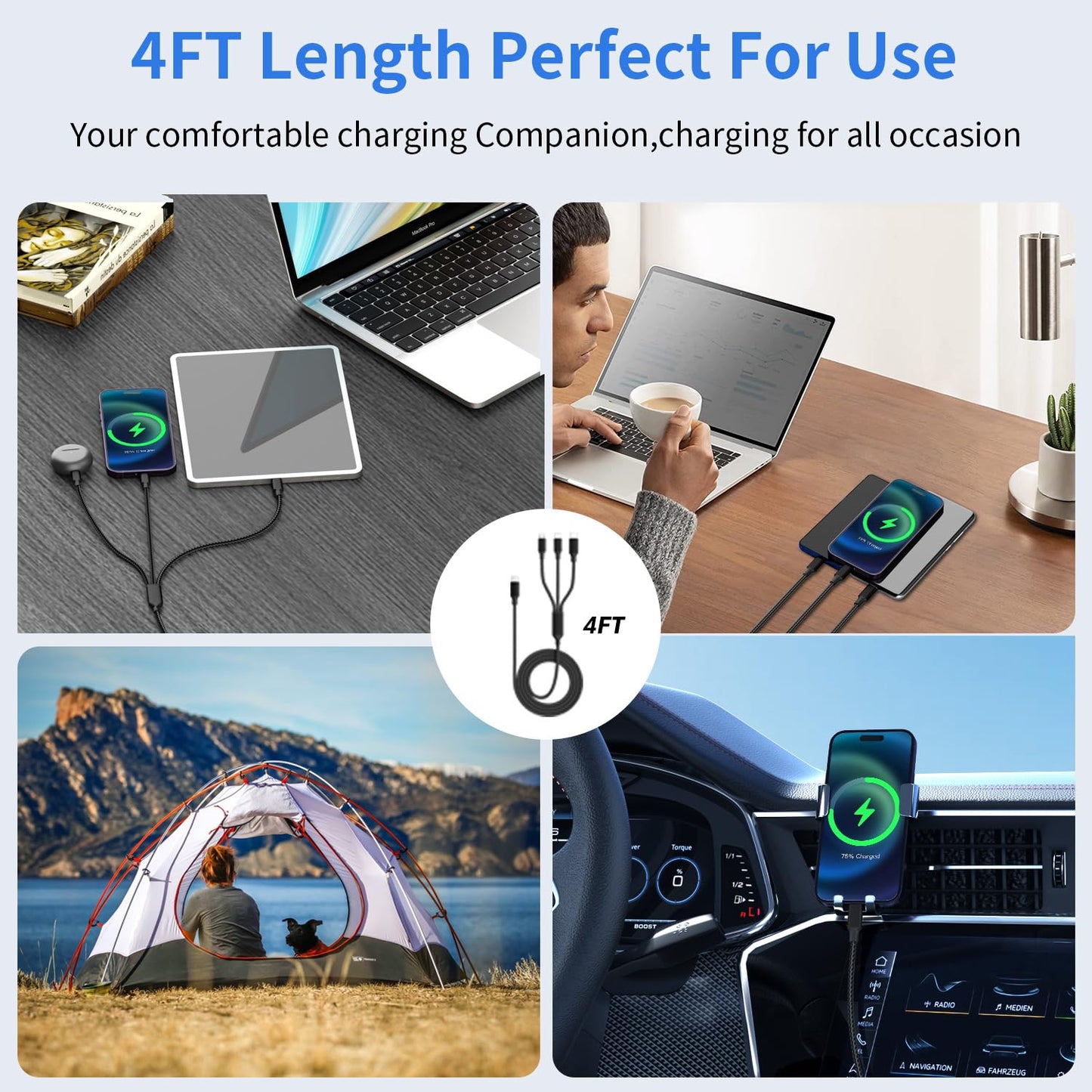 Multi USB C Cable [2 Pack, 4FT], 3 in 1 Charging Cable for Multiple Devices, Braided Charging Cords Phone Charger Cable with Type-C, Micro USB, IP Port for iPhone16/15/14/Android Phones and More