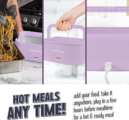 Nostalgia Portable Heated Lunch Box – 4-Cup Stainless Steel Food Warmer – Detachable Cord, Leak-Proof Lid, Carry Handle – Portable for Work & Travel – Lavender