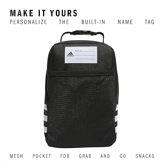 adidas Santiago Lunch Bag Cooler for Women and Men, Insulated Food Container Box with Mesh Pocket, Black/White, One Size
