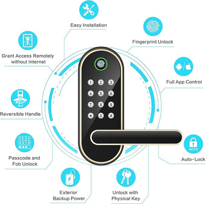 Fingerprint Smart Door Lock with Handle & Keypad – Bluetooth Keyless Entry for Front Door, Home, Kids, Guests, Airbnb & Rental, App + Code Access, Compatible with Alexa & Google, Easy DIY Install