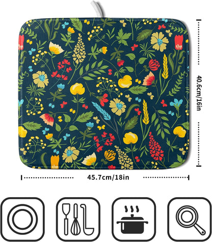 Floral Dish Drying Mat for Kitchen Counter Cute FLowers Seasonal Absorbent Reversible Microfiber Kitchen Countertop Protector Dishes Pad Small 16x18 inch