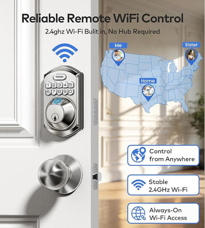 TEEHO TE012W-K WiFi Smart Keyless Entry Door Lock with Handle, Fingerprint Door Knob & Digital Keypad, APP Remote Control, Works with Alexa & Google, Electronic Deadbolt for Front Door, Satin Nickel