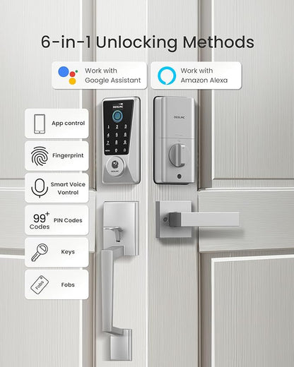 DESLOC D110 Plus Built-in Wi-Fi Smart Lock with Handle Set, Keyless Unlock in 0.5s with Fingerprint, Touchscreen Deadbolt with Visible Display, App Remote Control, BHMA Grade 3, IP54, Auto Lock