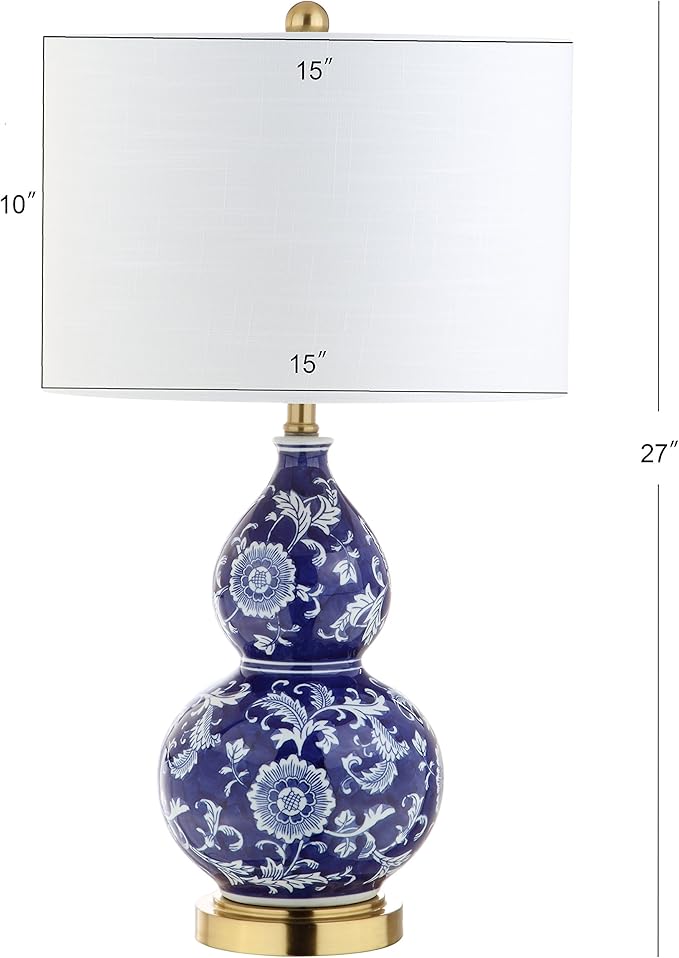 JONATHAN Y 27" Blue/White Ceramic Chinoiserie Table Lamp, Traditional Floral Double Gourd Vase Lamp with White Linen Drum Shade, Brass Gold Base, LED Bulb Included JYL3003A