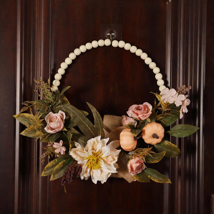 Fall Wreaths for Front Door, Autumn Wreath with Pumpkins, Berries and Leaves for Indoor Outdoor Porch Thanksgiving Farmhouse Harvest Halloween Home Décor (Pink Pumpkin)