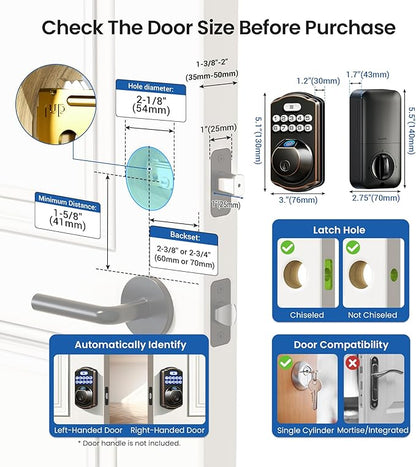 Veise KS02A Fingerprint Keyless Entry Door Lock, Auto Lock, Electronic Keypad Deadbolt for Front Door, Biometric, Anti-Peeping Password, Easy Install, Oil Rubbed Bronze