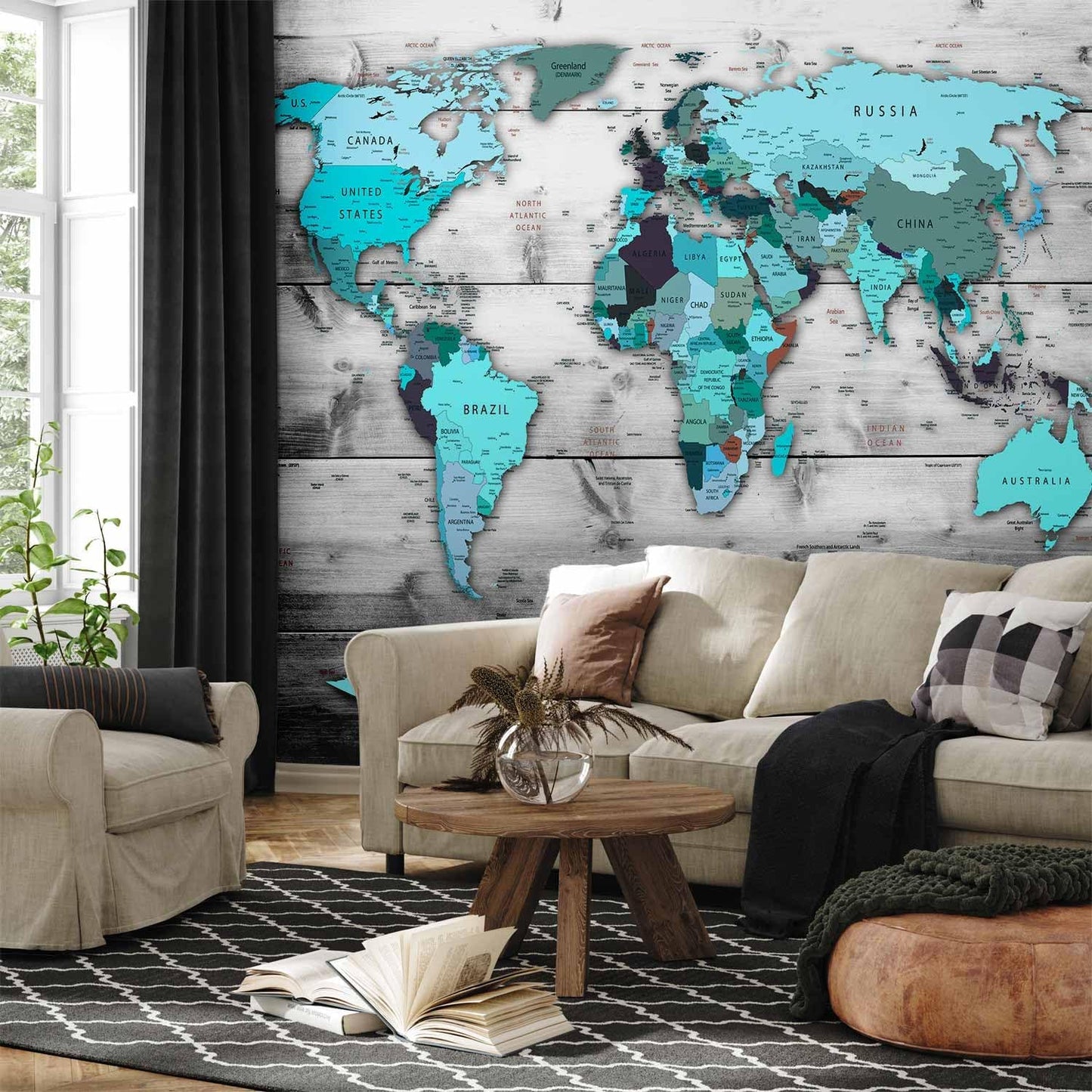 artgeist Premium Wall Mural World Map 177x124 in - XXL Non-Woven Wallpaper Fleece Wall Decor Photo Print Picture Image Design Home Map of The World k-B-0009-a-d