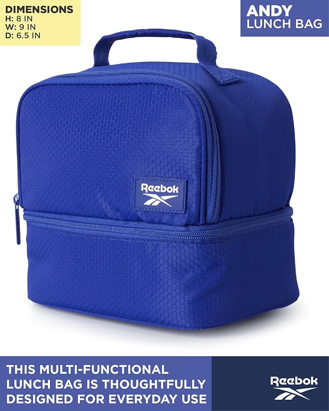 Reebok Mens and Womens Lunch Bag - Portable Insulated Work Lunch Box for Women and Men with Two Compartments and Handle, Andy Blue