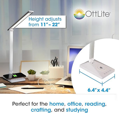 OttLite Entice LED Desk Lamp with Wireless Charger & USB, Book Light, Desk Light, Reading Light, Foldable Arm & Shade, Touch Controls, 3 Color Temperatures, ClearSun LED, Great Lamps for Home Office