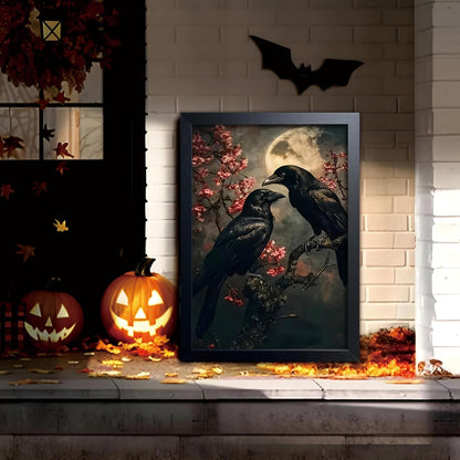 Black Wood Framed Halloween Canvas Wall Art Painting, Vintage Black Crow Cherry Blossom Wall Decor Picture, Dark Academia Gothic Poster Print Photo for Living Room Bedroom Office Decor 16x24 Inch