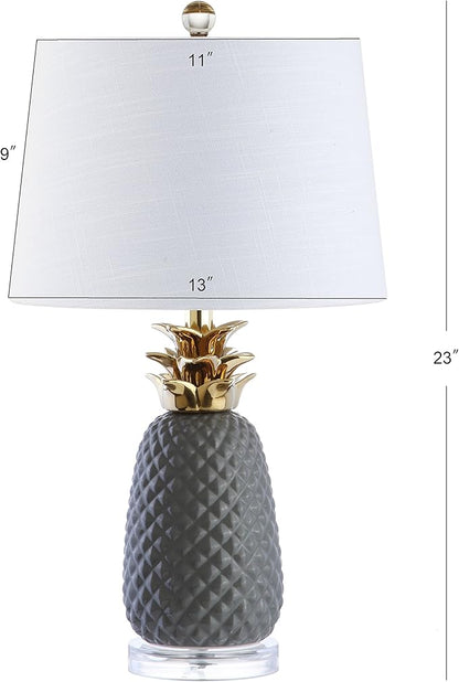 JONATHAN Y 23" Gray/Gold Pineapple Ceramic Table Lamp for Bedroom Decor, Modern Whimsical Bedside Nightstand Lamp with White Linen Drum Shade and LED Bulb (JYL4019B)