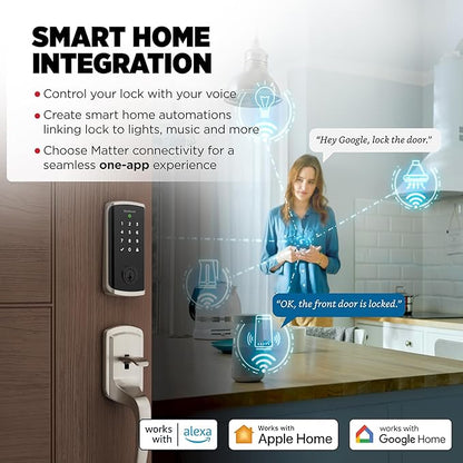 Kwikset Halo Select Smart Lock Keyless Entry Door Lock Wi-Fi and Matter Enabled Deadbolt No Hub Needed, Geofence Auto-Unlock, Grade AAA Certified, Easy Install, Satin Nickel Lifetime Finish Warranty