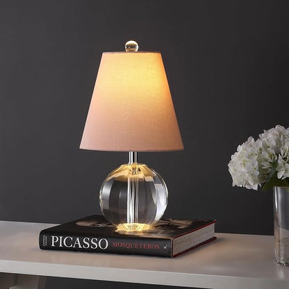 JONATHAN Y 16" Clear/Pink Crystal Ball LED Table Lamp, White Modern Bedside Lamp, with White Linen Empire Shade, Glam Orb Glass Nightstand Lamp for Living Room, LED Bulb (JYL2079C)