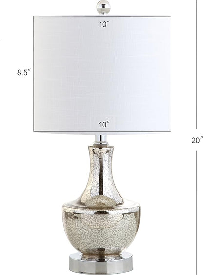 JONATHAN Y 20" Silver Glass Mini Table Lamp, Modern Bedside Lamp for Bedroom, White Linen Drum Shade, Teardrop Glass Base, LED Bulb Included, UL Listed (JYL1029B)