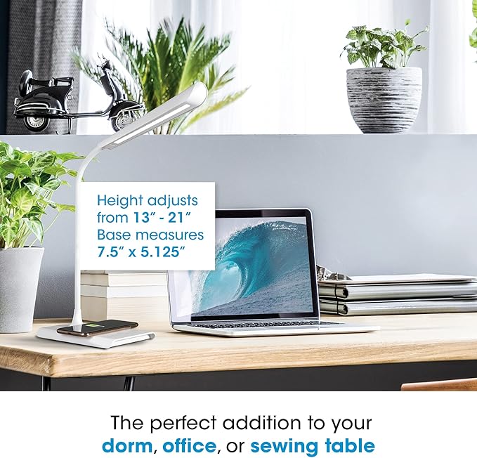 OttLite Power-Up LED Desk Lamp with Wireless Qi Charging & USB Charging Port, with ClearSun LED Technology - Flexible Neck, 3 Brightness Settings, Reduces Eyestrain - Task Lamp for Office & Dorms
