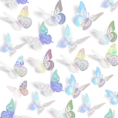 SAOROPEB 3D Butterfly Wall Decor, 72 Pcs 3 Styles 3 Sizes, Removable Metallic Wall Sticker Room Mural Decals for Kids Bedroom Nursery Classroom Party Decoration Wedding Decor DIY Gift (Laser)