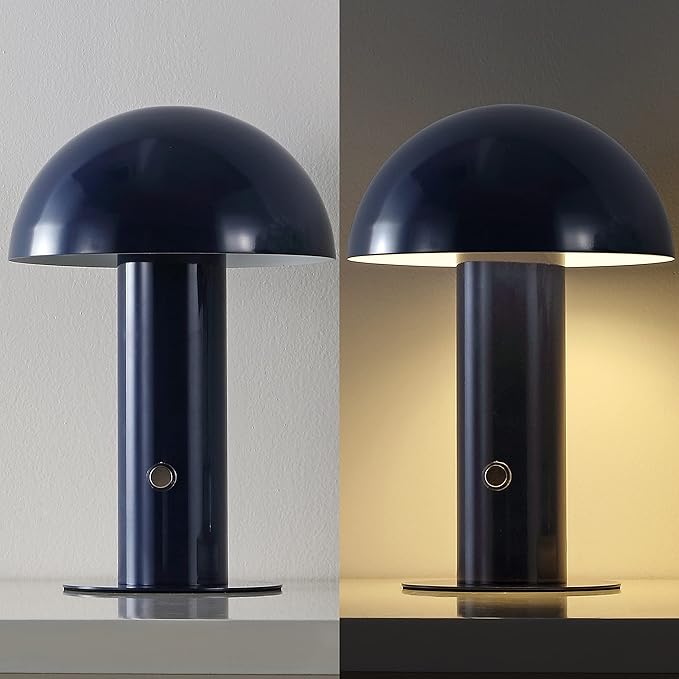 JONATHAN Y 10.75" Navy Rechargeable LED Mushroom Table Lamp, Cordless Portable Bedside Lamp for Living Room Bedroom, 3-Way Dimmable Modern Iron Desk Light, Metal Shade (JYL7115E)