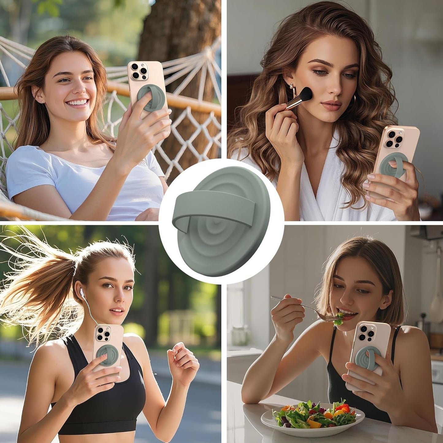 Magnetic Phone Ring Grip Holder, Silicone Finger Loop Grip, Compatible with MasSafe, Back of Phone for iPhone Pro Max/Plus/16/15/15/14/13/12 Series, Calke Green