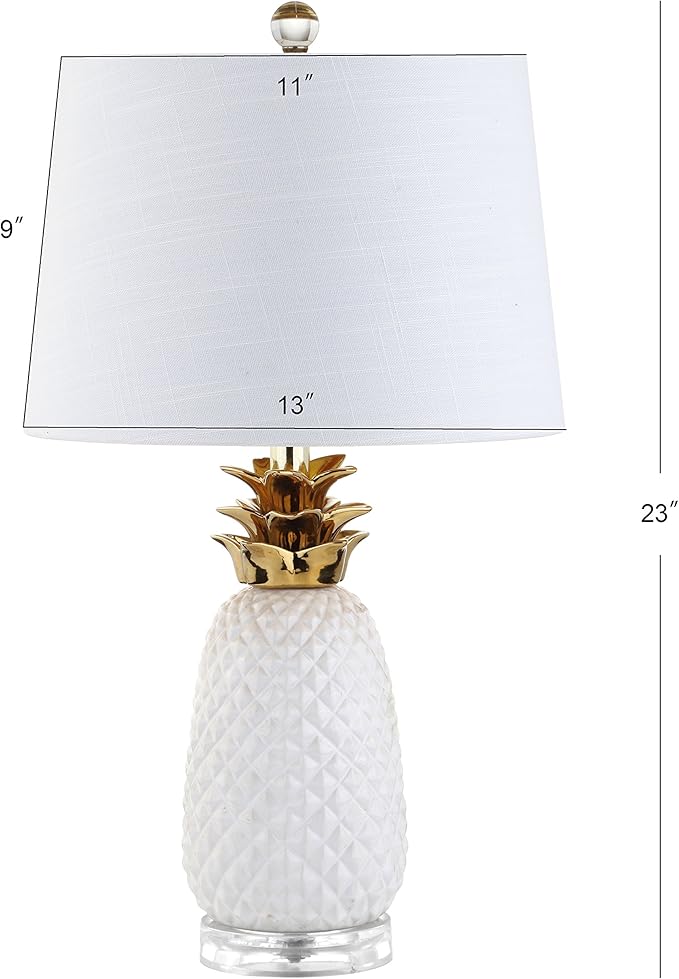 JONATHAN Y 23" White/Gold Pineapple Ceramic Table Lamp for Bedroom Decor, Modern Whimsical Bedside Nightstand Lamp with White Linen Drum Shade and LED Bulb (JYL4019C)