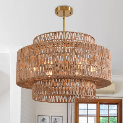Boho Rattan Chandelier, 6-Light Dining Room Light Fixture,23.62" Wicker Pendant Lighting with3-Tier Woven Lampshade, Large Farmhouse Chandeliers for Kitchen