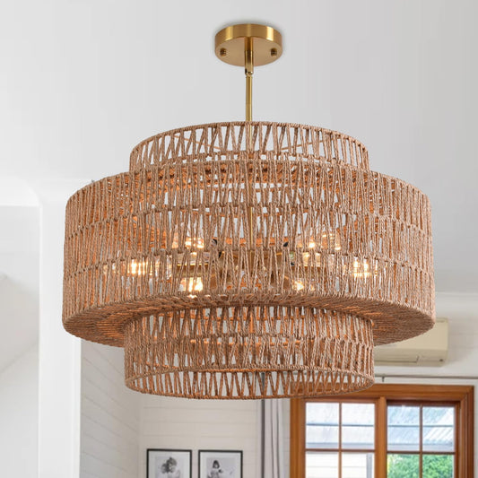 Boho Rattan Chandelier, 6-Light Dining Room Light Fixture,23.62" Wicker Pendant Lighting with3-Tier Woven Lampshade, Large Farmhouse Chandeliers for Kitchen