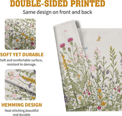 Rustic Wildflower Floral Placemats Set of 4 Spring Summer Vintage Flowers Plants Herbs Linen Table Mats 12x18 Inch Seasonal Flower Decorative Place mats for Farmhouse Kitchen Dining Decoration