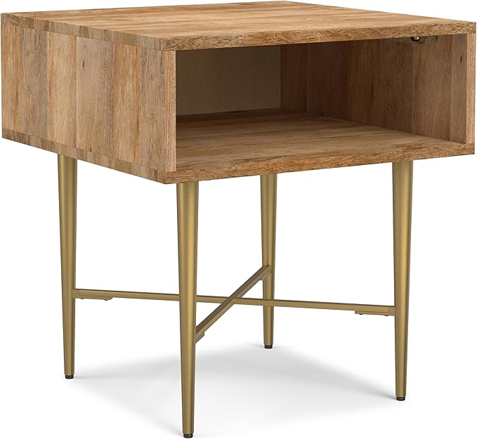 SIMPLIHOME Fallon End Table - 20 inch Wide Solid Mango Wood Square Accent Table with Open Storage Compartment and Gold Metal Base in Natural, Contemporary Nightstand for Living Room or Bedroom