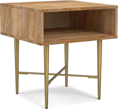 SIMPLIHOME Fallon End Table - 20 inch Wide Solid Mango Wood Square Accent Table with Open Storage Compartment and Gold Metal Base in Natural, Contemporary Nightstand for Living Room or Bedroom