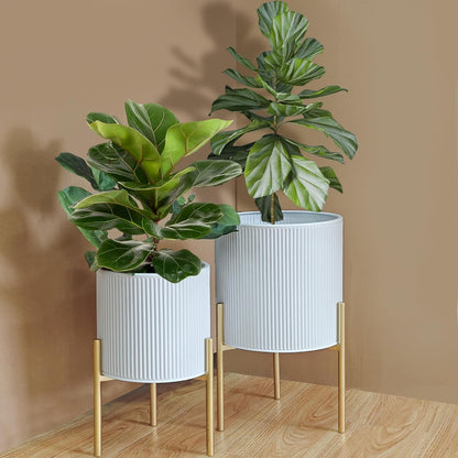 ARNIS Modern Plant Pots, Set of 2 Round Large Planters with Stand, Large Size Metal Pots with Drainage Holes for Living Room, Office, Garden or Balcony, 10.5 &12.25 Inch, White & Gold