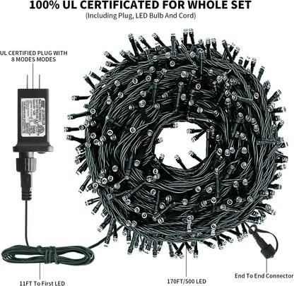 XTF2015 170FT 500 LED Christmas String Lights, Christmas Lights End to End Plug 8 Modes Memory Function with Timer, UL Certified Outdoor Indoor Fairy Light Christmas Tree, Patio, Party (Warm White)