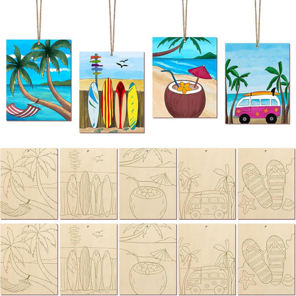 COCHIE 10 Pieces Large Summer Unfinished Wood Crafts to Paint for Adults and Kids, Bulk Predrilled Wooden Ornaments for Painting, Beach Paintable Wood Slices Craft Supplies with Ropes