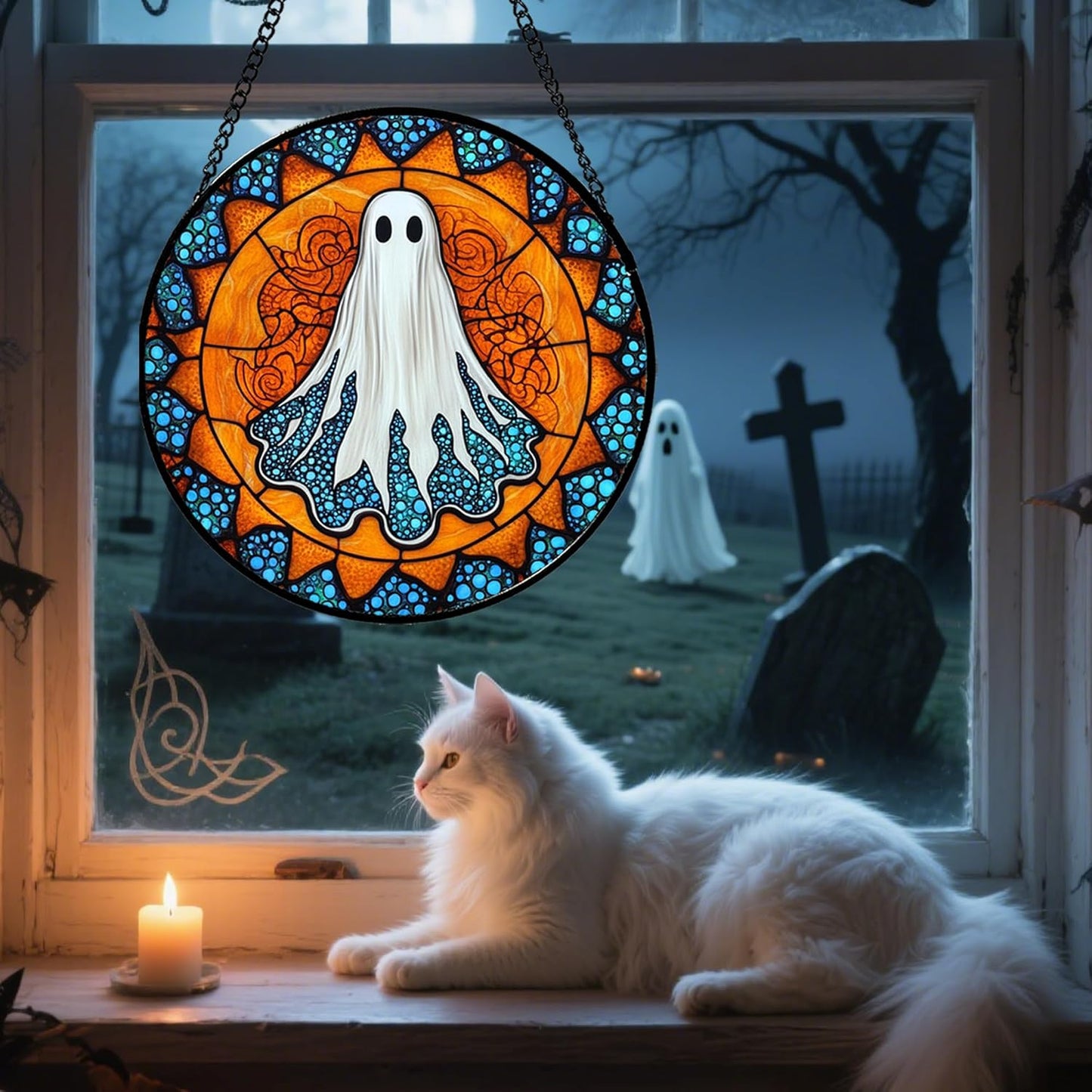 Stained Glass Window Hanging - Halloween Decorations White Ghost Suncatcher for Doors Garden Indoor Spooky Funny Blue Sun Catchers Gothic Decor Horror Gifts for Women Men Friend 11.8 in