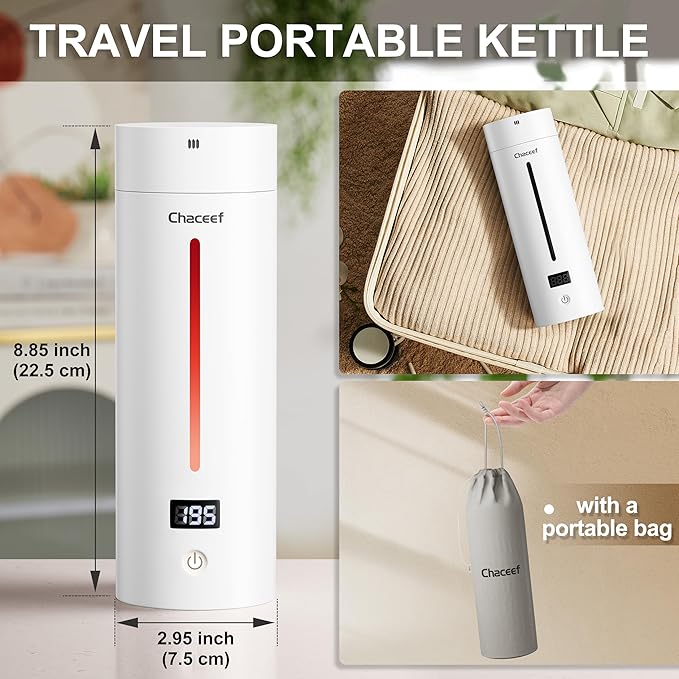 CHACEEF Travel Kettle 𝐔𝐩𝐠𝐫𝐚𝐝𝐞𝐝, Portable Electric Kettle, 350ml Small Electric Kettle with 5 Variable Presets, 304 Stainless Steel Hot Water Boiler with Auto Shut-Off & Boil Dry Protect, White