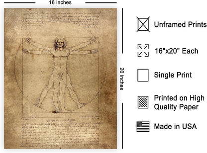 Poster Master Vintage Leonardo Da Vinci Poster - Retro Vitruvian Man Print - Drawing Art - Renaissance Art - Gift for Men & Women - Decor for Living Room, Bedroom or Office - 16x20 UNFRAMED Wall Art