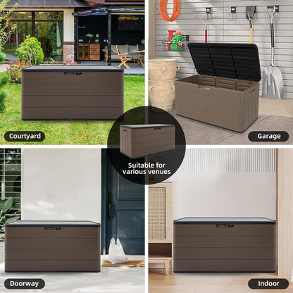 100 Gallon Plus Outdoor Storage Box Waterproof Lockable Resin Deck Box Large, Patio Storage Bin for Pool Accessories Cushion Furniture, Garden Tools, UV-Resistant Outside Delivery Brown