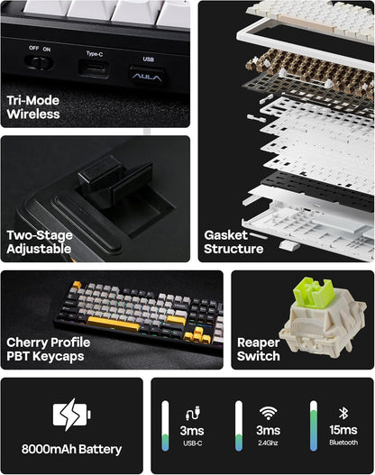 EPOMAKER X Aula F108 PRO Wireless Gaming Keyboard with Screen, 8000mAh Battery, 104 Hot-Swappable and Programmable Keys and Knob, RGB Backlight, for Mac/PC/Android (Grey&Yellow)