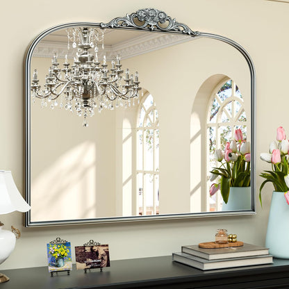 Keonjinn Vintage Mirror for Wall, 40" x 30" Silver Mirror with Metal Frame, Ornate Arched Decoration, Brass Mirror for Mantle, Living Room, French Cleat Mounting