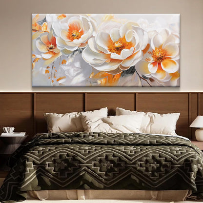 Suconvng Large Wall Art For Living Room Floral Wall Artwork Modern Canvas Art Wall Decor 29" X 58" Painting Orange White Flower Wall Art For Bedroom Home Office Dining Room Home Decoration