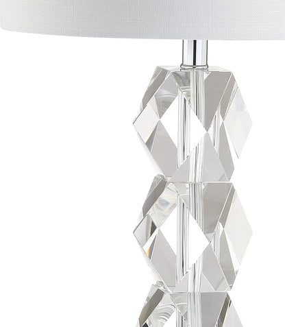 JONATHAN Y 26" Clear Faceted Crystal LED Table Lamp, Glam Modern Contemporary Column Lamp for Bedroom Living Room, White Linen Drum Shade, UL Listed, LED Bulb Included JYL5012A