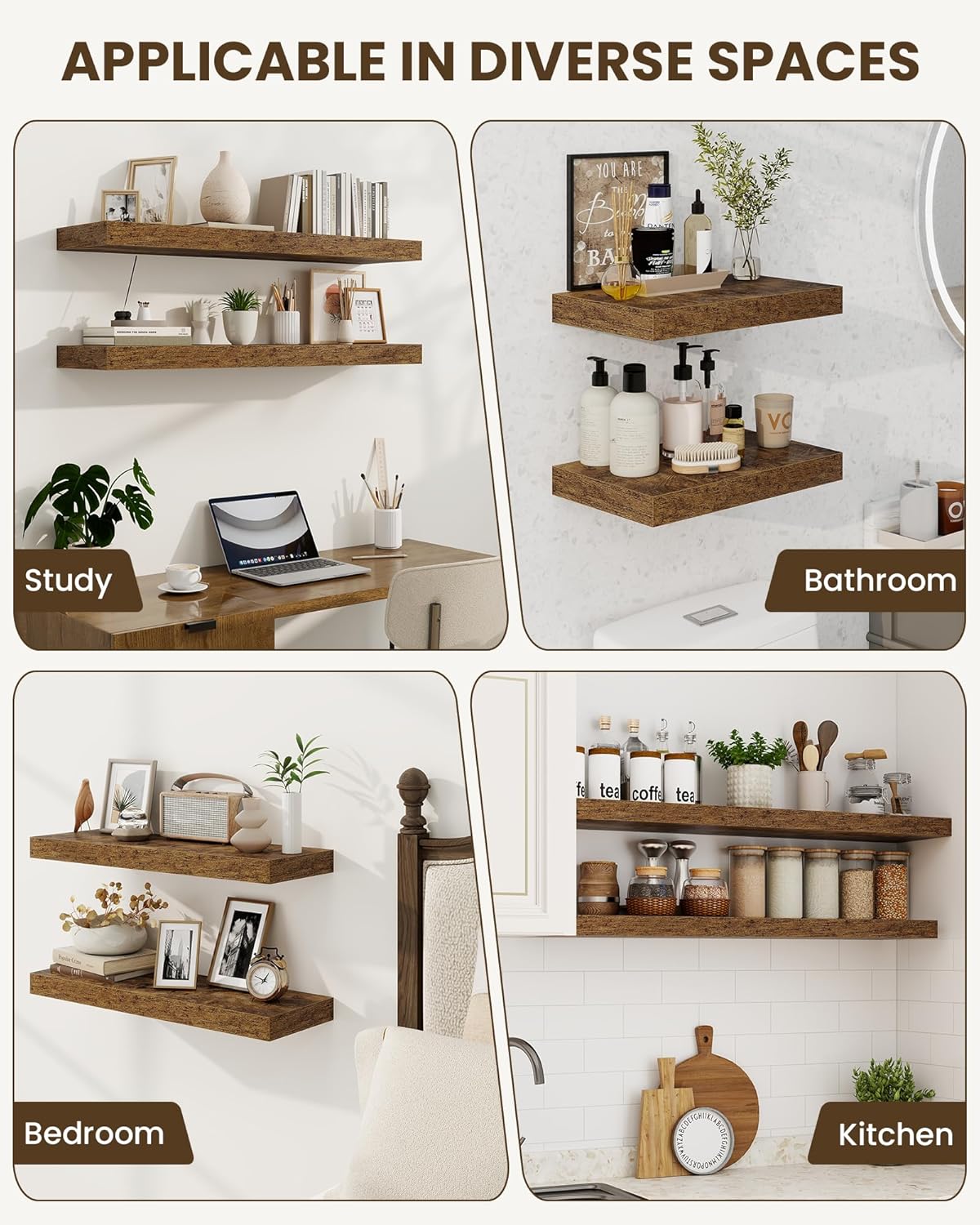 Marsmiles 55" Floating Shelves for Wall, Wooden Shelves with Invisible Brackets Set of 2, Rustic Farmhouse Wall Mounted Shelf for Kitchen Bathroom Living Room Study, Rustic Brown