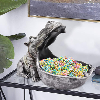 aboxoo Hippo Statue Home Resin Hippopotamus Figurine Fun Candy Dish,Key Bowl,Big Mouth Sculpture Table Art Decoration Sundries Container Storage Boxes (Grey)