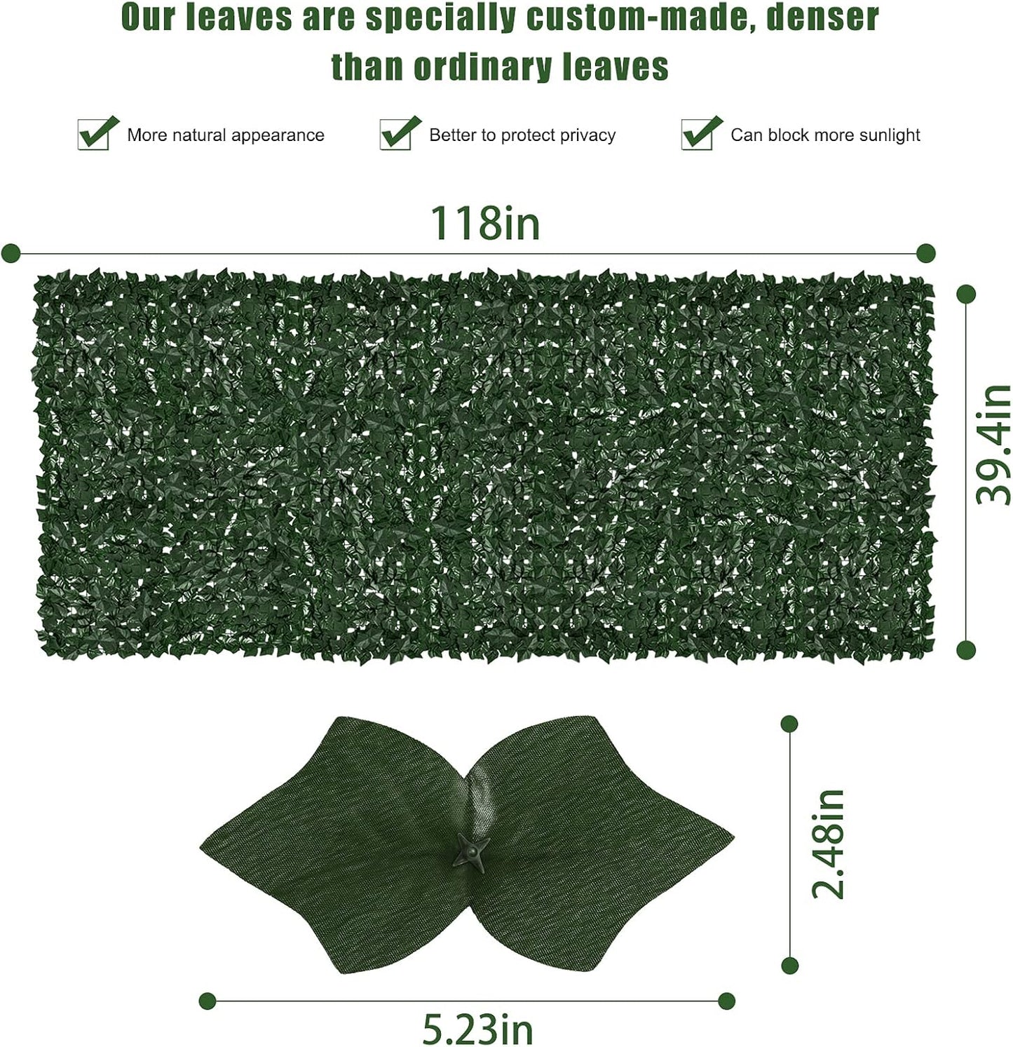 Faux Ivy Fence Privacy Screen Outdoor Expandable Artificial Greenery Roll Fake Hedge Wall Patio Green Plastic Leaf Plant Vine Grass Panels Gate Covering for Garden Yard Balcony (118 X 39.4 in)
