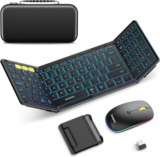 Samsers Foldable Keyboard and Mouse, Folding Bluetooth Keyboard Mouse Combo with Backlight, 2.4G + BT5.0 x 2, Full-Size Travel Keyboard & Portable Wireless Mouse for Windows/Android/iOS/Mac OS, Black