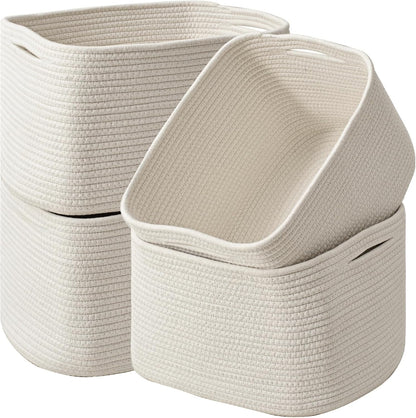 Storage Baskets for Organizing & Shelves, Woven Cotton Rope Organization Bins for Dog Toys, Clothes, Books, Nursery Organizer, 15" Lx11''Wx9.5''H, (4 Packs) Off White