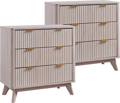 T4TREAM 32" Tall Fluted Nightstand Set of 2, Modern Side Table with 3 Drawers, End Table w/Storage, Bedside for Bedroom, Living Room, Curved Profile Design, White Alder