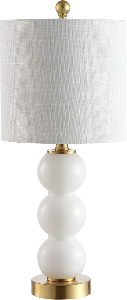 JONATHAN Y 21" White/Brass Gold Glass Table Lamp for Bedroom and Living Room, White Linen Shade, Modern Stacked Sphere Bedside Lamp, LED Bulb Included JYL1021A